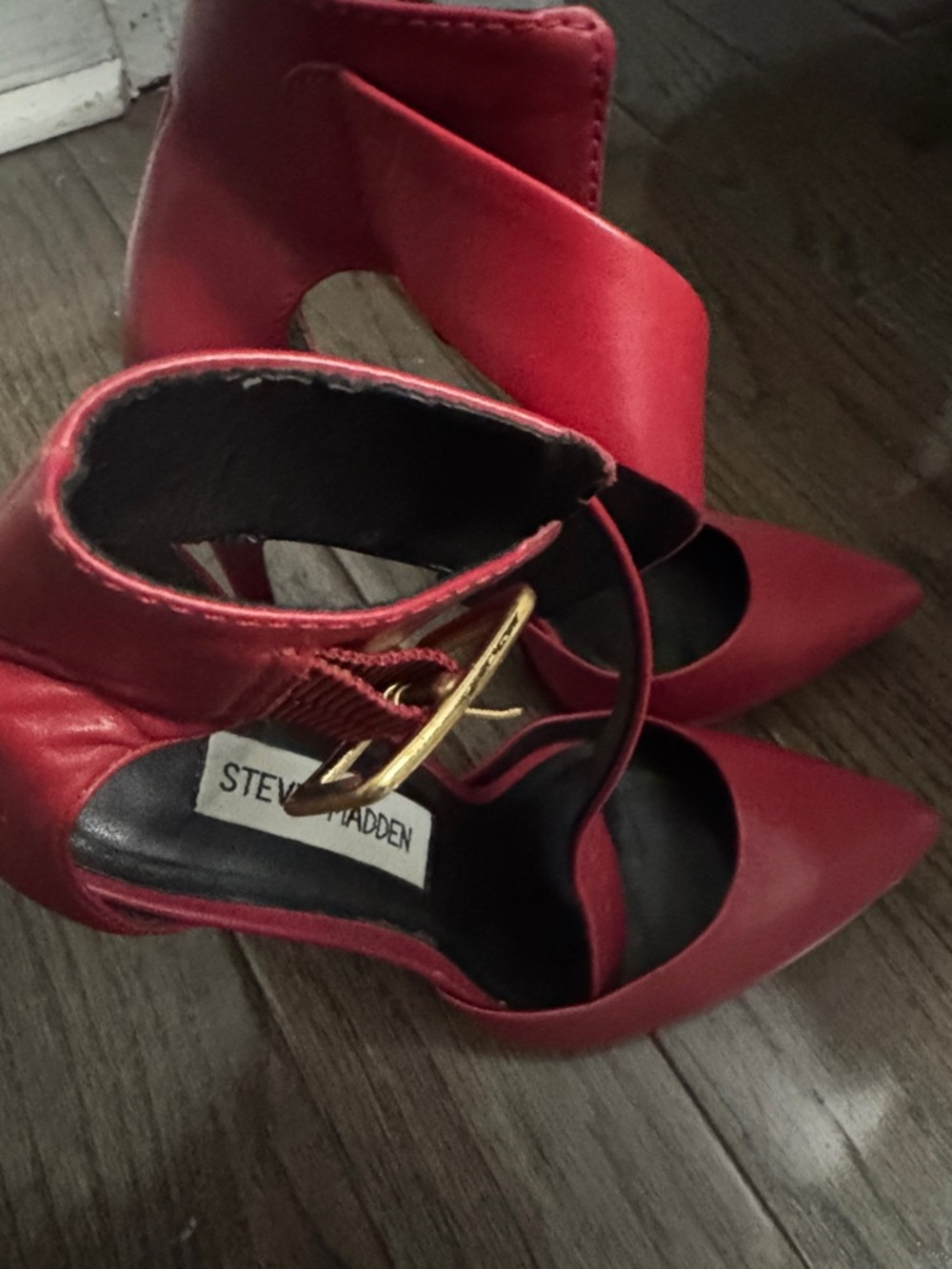 Steve Madden Red Pointed Ankle-Strap Heels with Gold Buckle